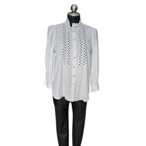 White Lace Cut Out Mandarin Collar Puff Sleeve Cotton Blouse Esqualo Sz 4